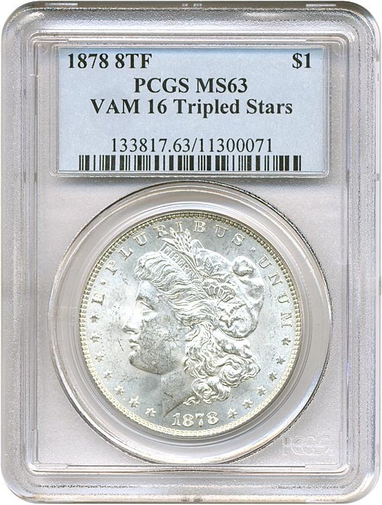 image for: 1878 8TF $1 VAM 16  Tripled Stars PCGS MS63