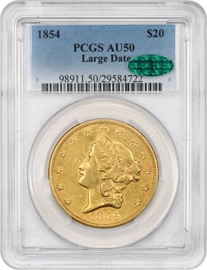 image for: 1854 $20 PCGS/CAC AU50 (Large Date)