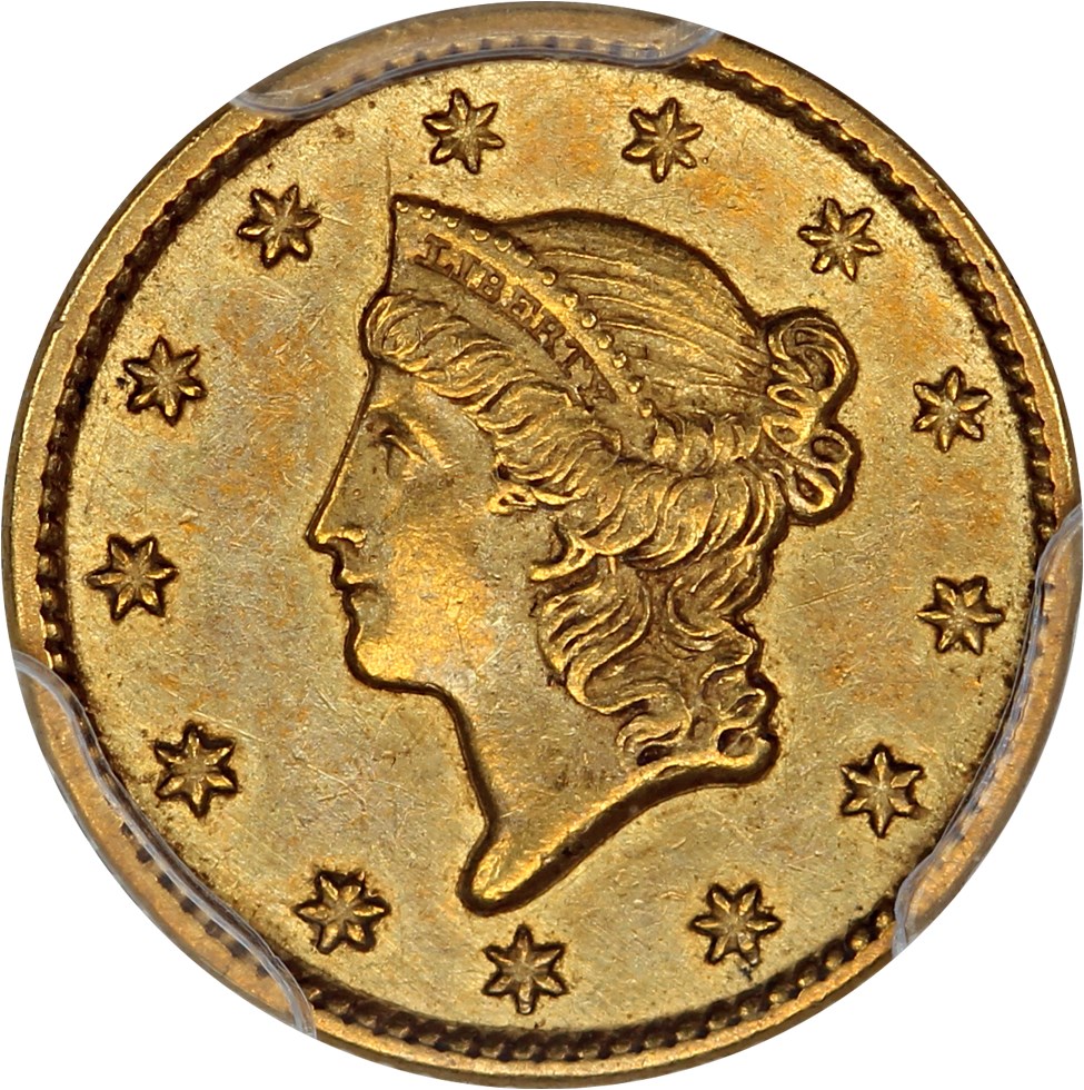 image for: 1849 G$1 PCGS AU55 (Closed Wreath)