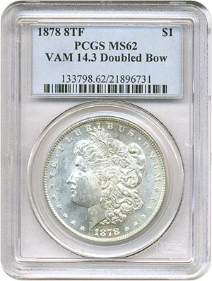 image for: 1878 8TF $1 VAM 14.3 Doubled Bow PCGS MS62