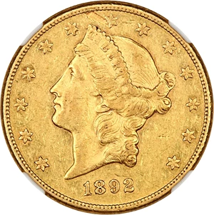 image for: Mint Error: 1892-CC $20 NGC AU53 (Obverse Struck Thru)