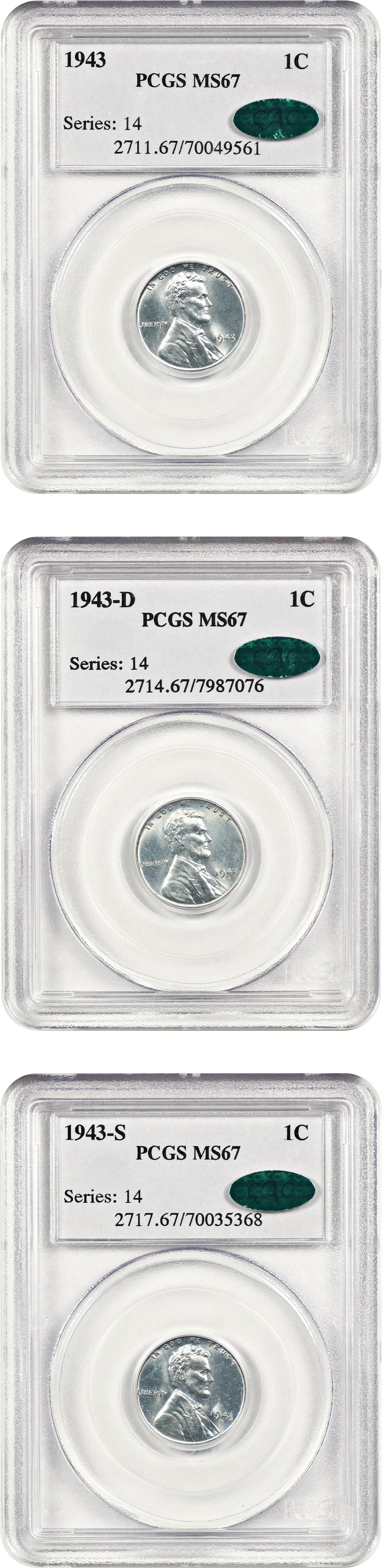 image for: 1943-PDS (3 Coin Set) 1c PCGS/CAC MS67