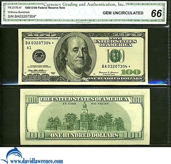 image for: Fr.2176A 1999 $100  CGA Gem CU66  [BA03207304] *Star*