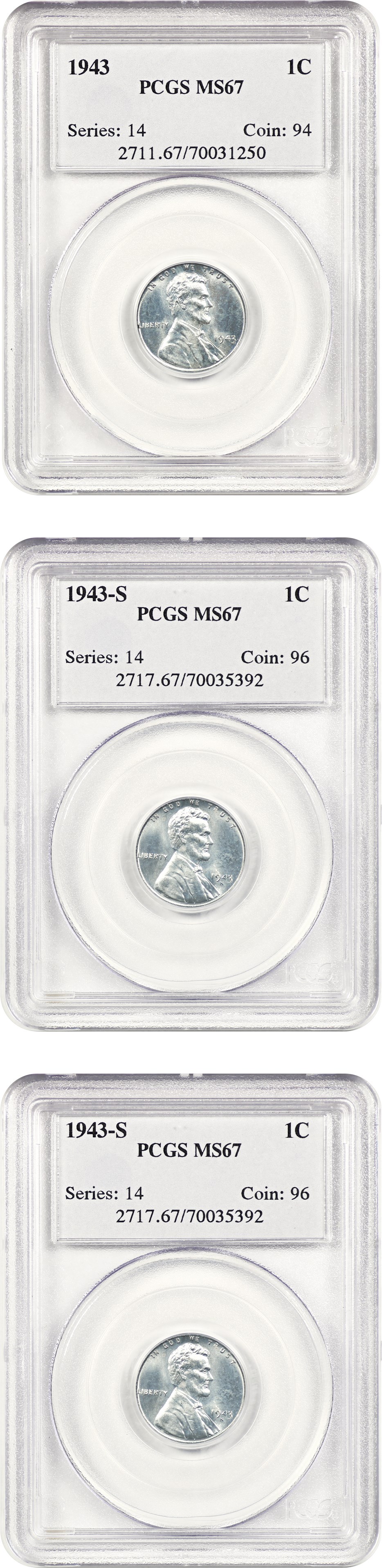 image for: 1943-PDS (3 Coin Set) 1c PCGS MS67