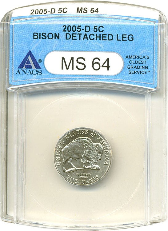 image for: 2005-D 5c Bison Detached Leg ANACS MS64 
