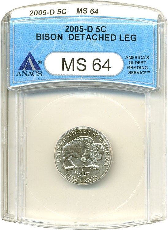 image for: 2005-D 5c Bison Detached Leg ANACS MS64 