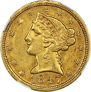 image for: 1847-D $5 NGC AU55