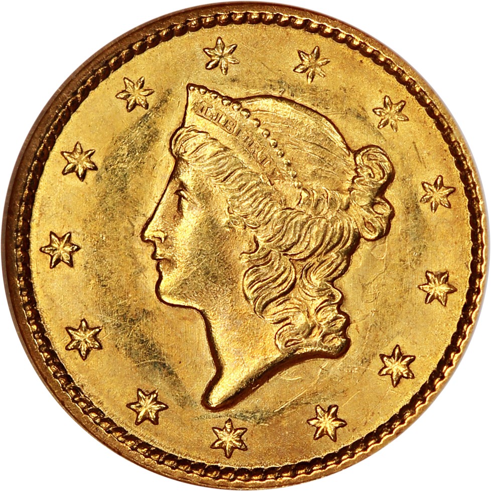 image for: 1849 G$1 NGC MS62 (Closed Wreath)