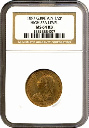 image for: Great Britain: 1897 1/2 P 'High Tide Level' NGC MS64 RB (S-3962)