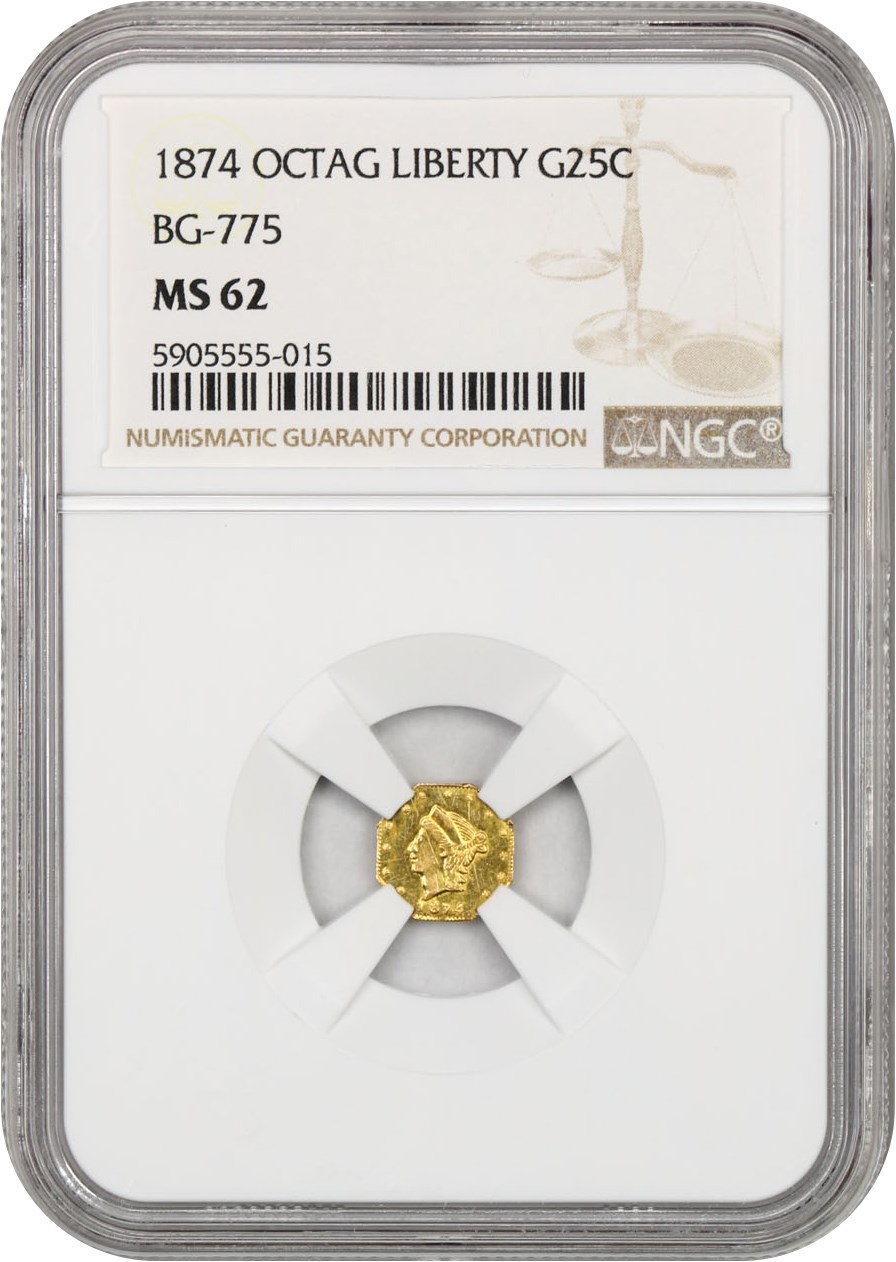image for: 1874 Cal. Gold 25c NGC MS62 (BG-775)