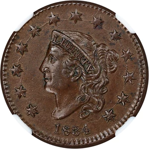 image for: 1834 1c NGC/CAC AU55 (Large 8, Small Stars, Medium Letters)
