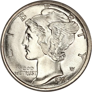 image for: 1916-S Mercury 10c PCGS MS66 FB
