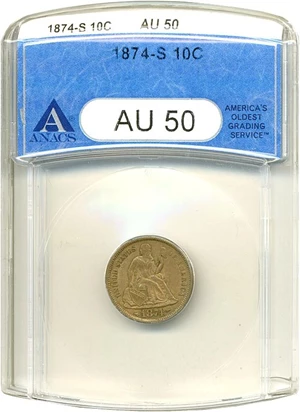 image for: 1874-S 10c Arrows ANACS AU50