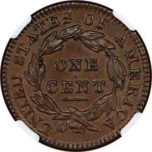 image for: 1834 1c NGC/CAC AU55 (Large 8, Small Stars, Medium Letters)