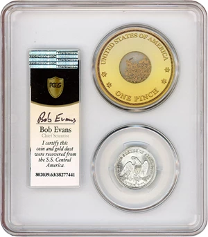image for: S.S. Central America: 1856-S 25c PCGS/CAC MS63 & Pinch of Gold Dust