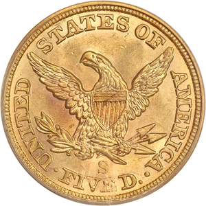 image for: 1857-S $5 PCGS MS62 ex: Bass