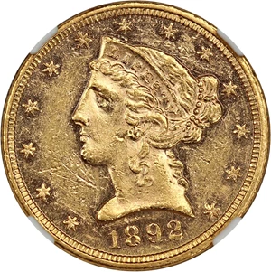 image for: 1892 $5 NGC AU58 PL