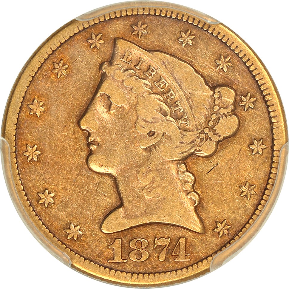 image for: 1874-CC $5 PCGS/CAC VF25