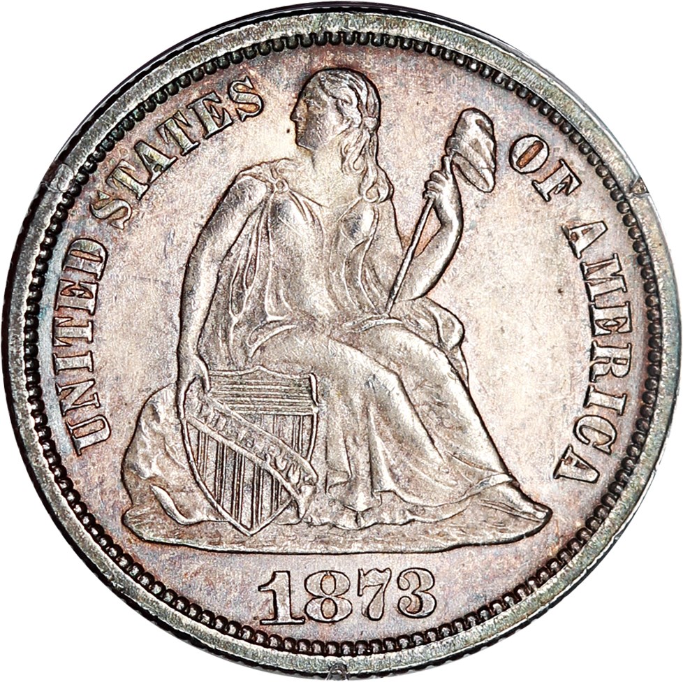 image for: 1873 10c PCGS MS63 (OGH Rattler Holder, No Arrows, Closed 3) 
