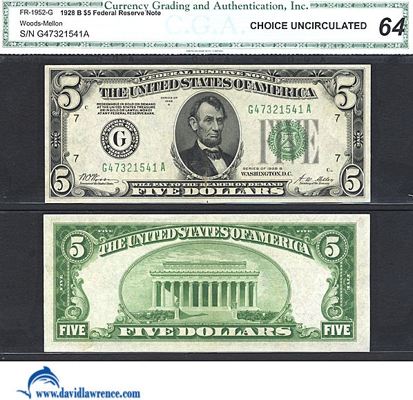 image for: Fr.1952G 1928B $5  CGA Choice CU64  [G47321541A]