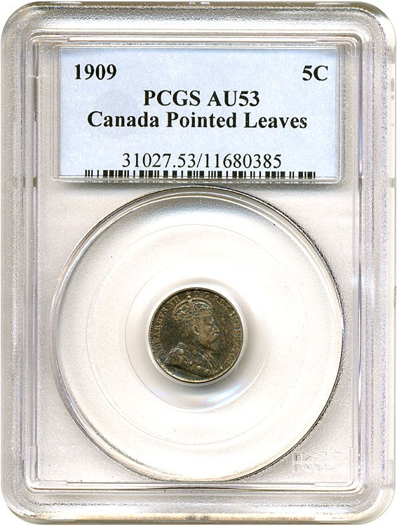 image for: Canada: 1909 5C Pointed Leaves PCGS AU53 