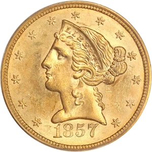 image for: 1857-S $5 PCGS MS62 ex: Bass