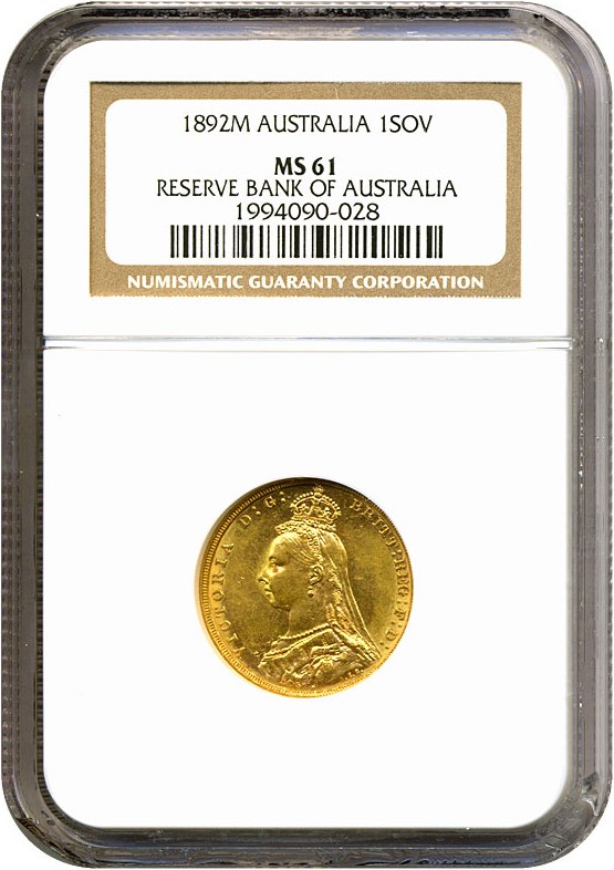 image for: Australia: 1892-M Sov Jubilee Head (KM-10) NGC MS61 ex: Reserve Bank of Australia