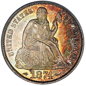 image for: 1874 10c PCGS/CAC MS65 (Arrows)