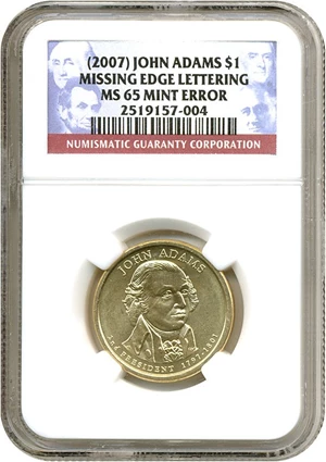 image for: 2007 $1 John Adams - Missing Edge Lettering NGC MS65