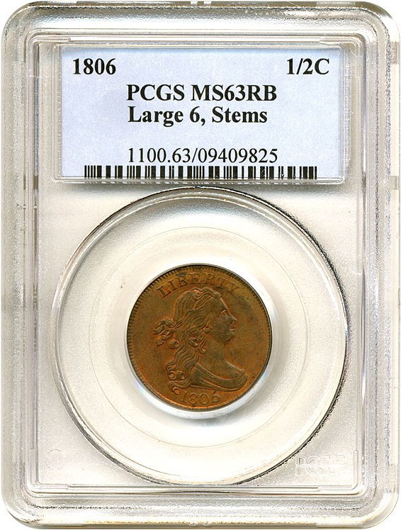 image for: 1806 1/2c Large 6-Stems PCGS MS63 RB