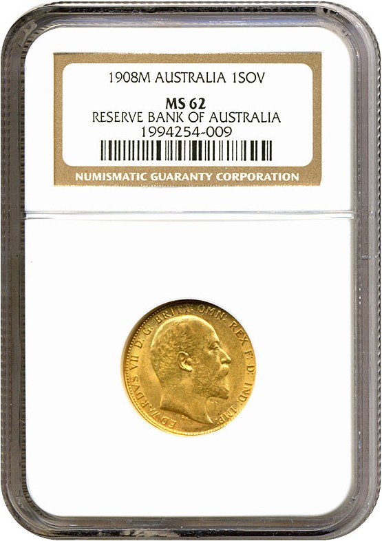 image for: Australia: 1908-M Sov (KM-15) NGC MS62 ex: Reserve Bank of Australia
