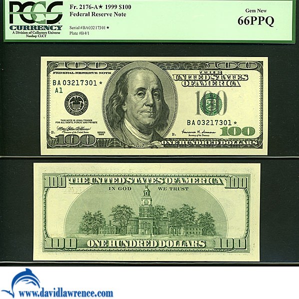 image for: Fr.2176A 1999 $100  PCGS Gem CU66 PPQ  [BA03217301] *Star* 