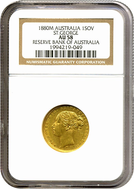 image for: Australia: 1880-M Sov St.George (KM-7) NGC AU58 ex: Reserve Bank of Australia