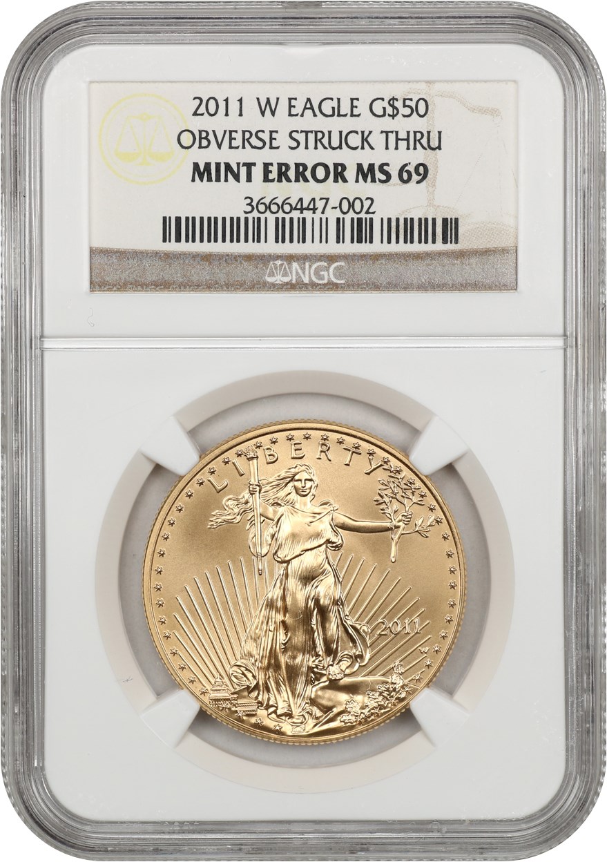 image for: Mint Error: 2011-W Gold Eagle $50 NGC MS69 (Obverse Struck Thru)