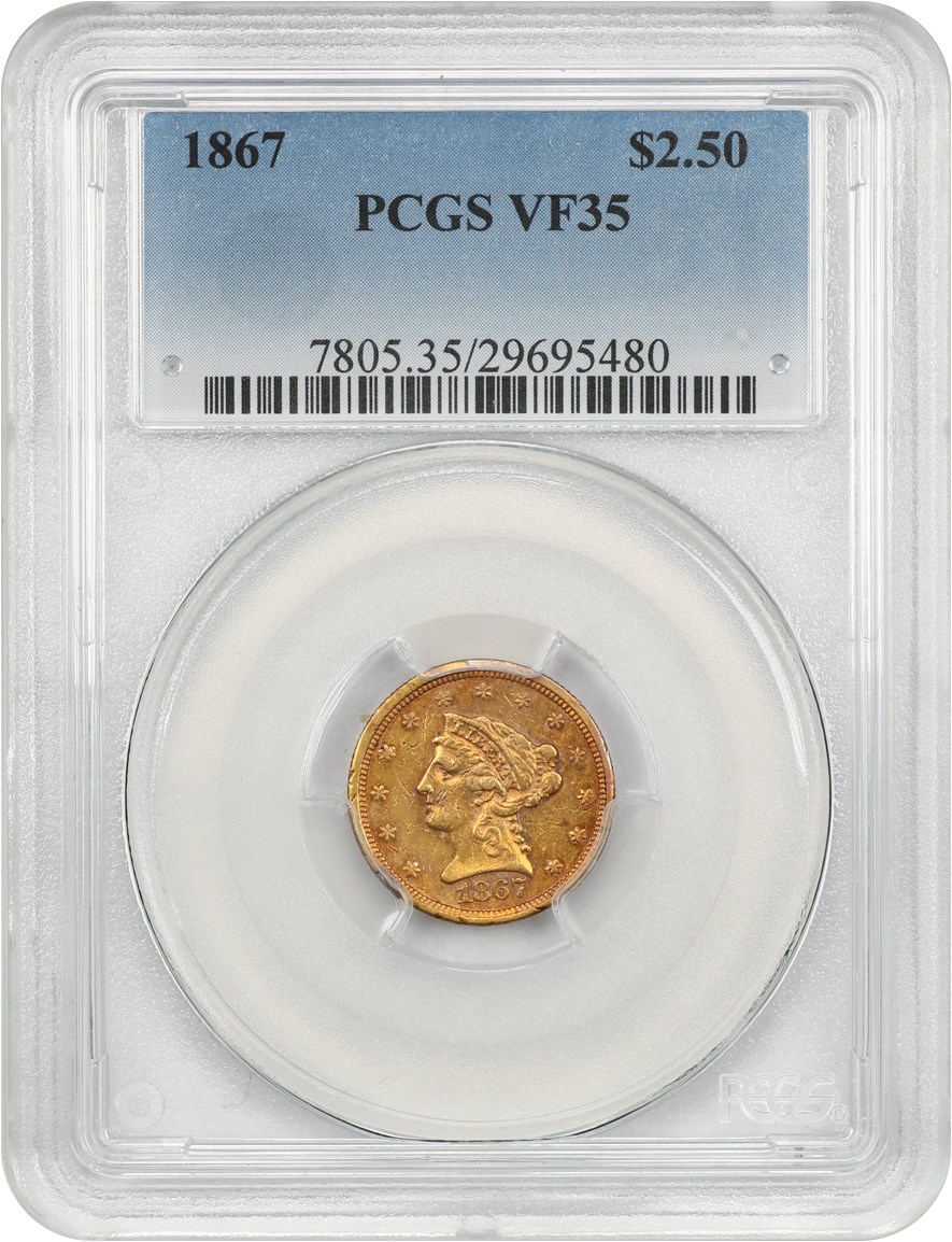 image for: 1867 $2 1/2 PCGS VF35