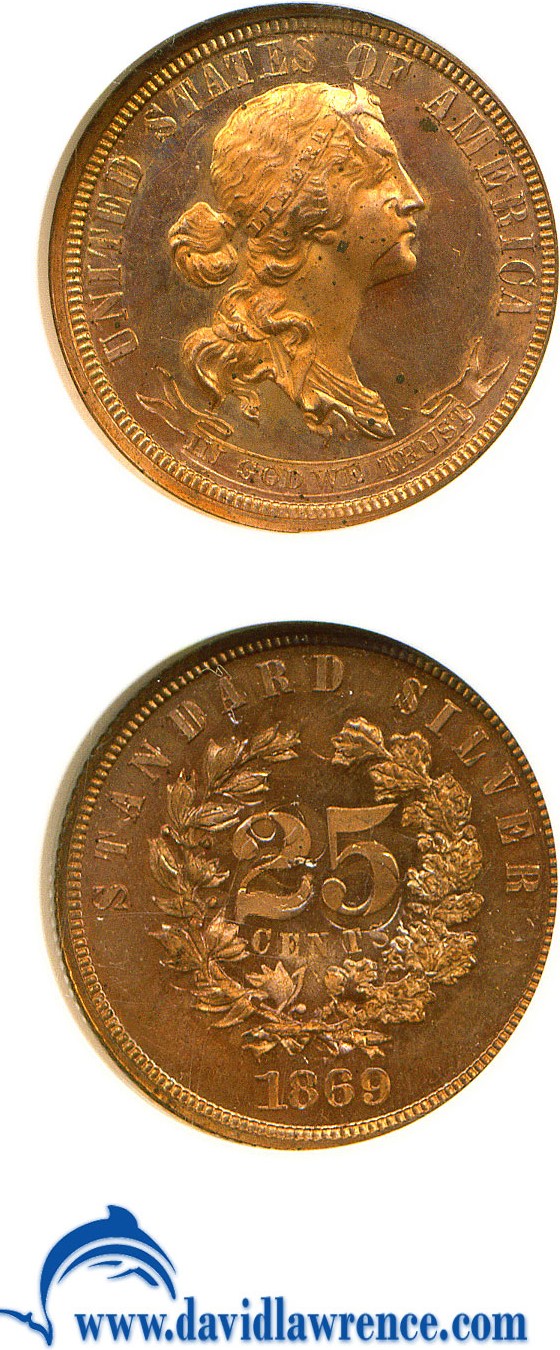 image for: Mint Error Pattern: 1869 25c (Judd-735) NGC Proof 64 RD - Dbl Struck Rotated in Collar