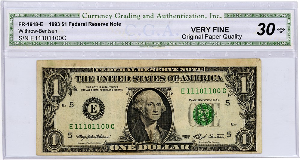 image for: FR. 1918E 1993 $1 Federal Reserve Note CGA Very Fine 30