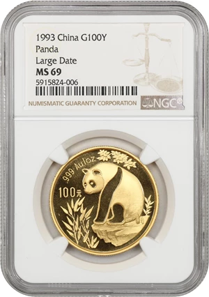 image for: China: 1993 Gold Panda 100 Yuan NGC MS69 (Large Date)