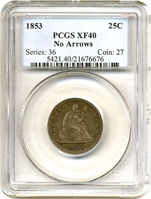image for: 1853 25c No Arrows PCGS XF40