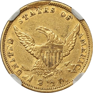 image for: Mint Error: 1839-D $2 1/2 NGC AU55 (Reverse Lamination)