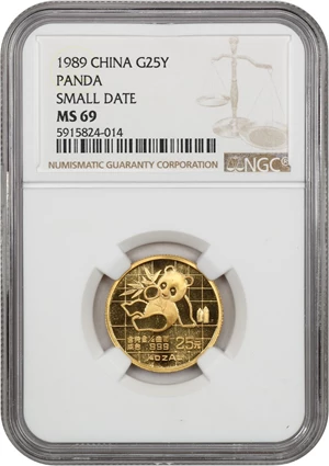 image for: China: 1989 Gold Panda 25 Yuan NGC MS69 (Small Date)