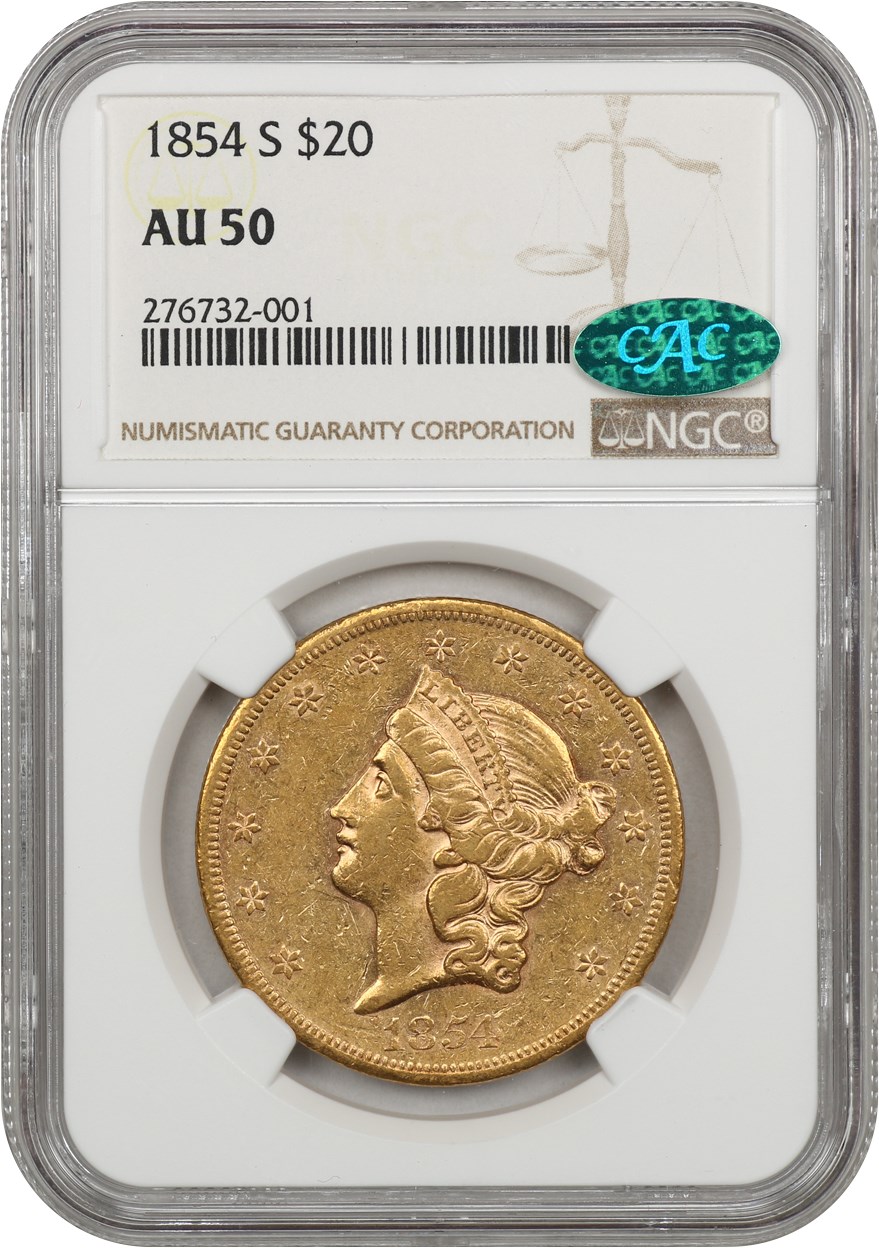 image for: 1854-S $20 NGC/CAC AU50