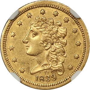 image for: Mint Error: 1839-D $2 1/2 NGC AU55 (Reverse Lamination)