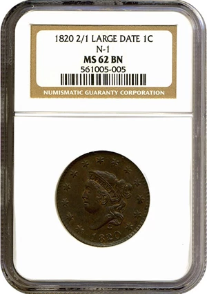 image for: 1820 2/1 1c Large Date NGC MS62 BN
