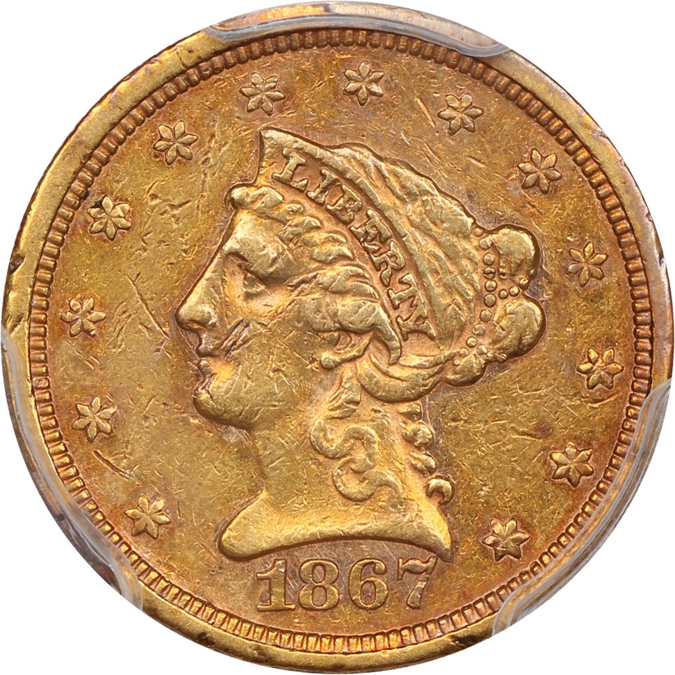 image for: 1867 $2 1/2 PCGS VF35
