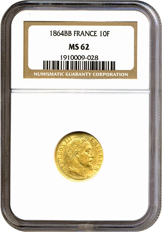 image for: France: 1864-BB 10 Fr  NGC MS62
