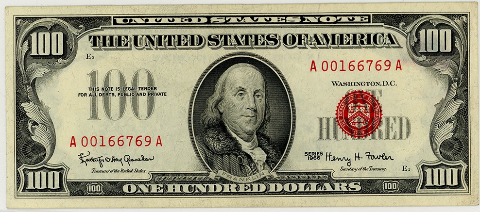 image for: FR. 1550 1966 $100 Legal Tender PCGS Extremely Fine 45