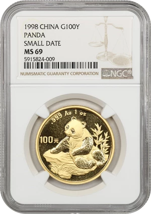 image for: China: 1998 Gold Panda 100 Yuan NGC MS69 (Small Date)