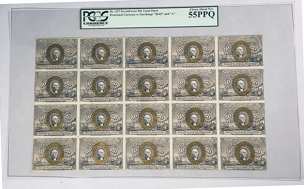 image for: Uncut Sheet: FR. 1317 Frac. Currency Head of Washington. 50c PCGS About New 55 (w/Surcharge, "1863" an "A") ex: Boyd, Ford