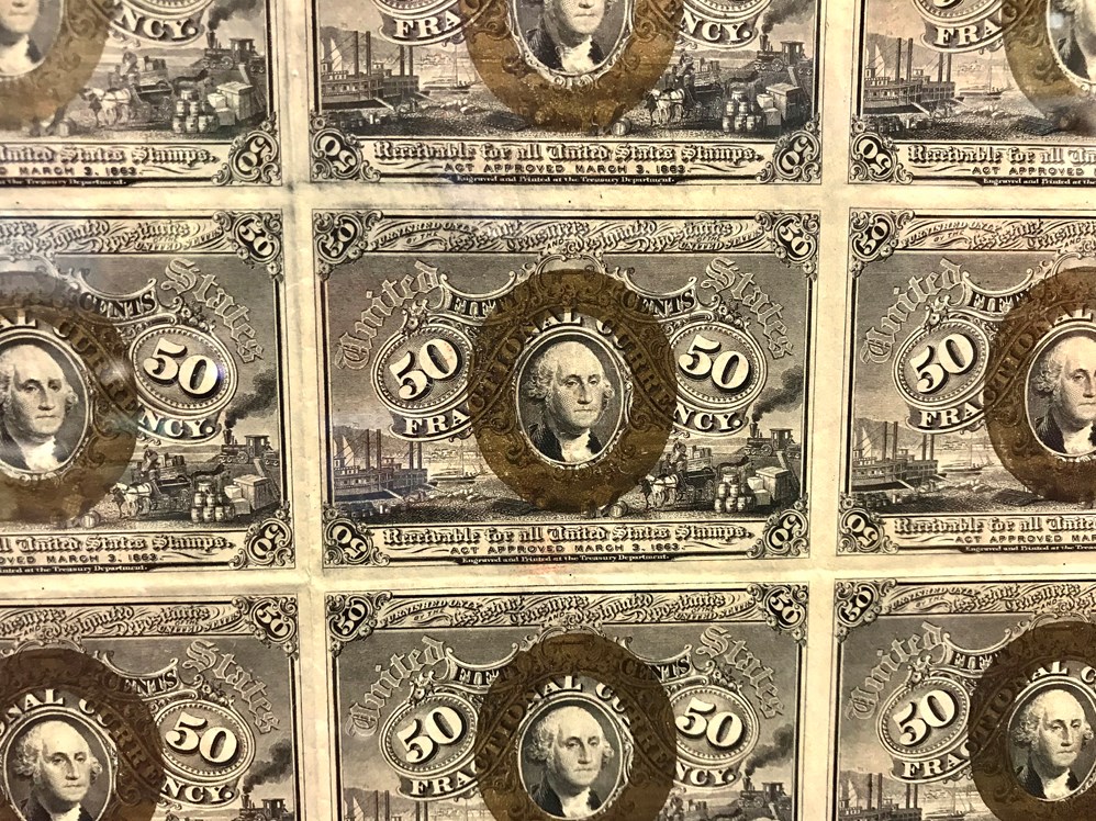 image for: Uncut Sheet: FR. 1317 Frac. Currency Head of Washington. 50c PCGS About New 55 (w/Surcharge, "1863" an "A") ex: Boyd, Ford